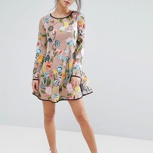 Embroidered Petite Long Sleeve Mini Skater Dress